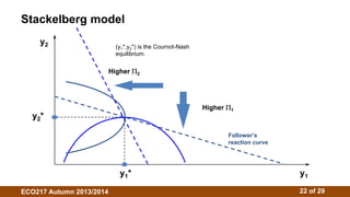 Stackelberg model 
y2 
(y1*,y2*) is the Cournot-Nash 
equilibrium. 
Higher 2 
Higher 1 
Follower’s 
reaction curve 
y1* y1 
y2* 
ECO217 Autumn 2013/2014 22 of 29 
 