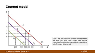 Cournot model 
Firm 1 and firm 2 choose quantity simultaneously 
and after both firms have chosen their outputs, 
the price of good on the market and the profits of 
both firms are determined 
ECO217 Autumn 2013/2014 5 of 29 
 