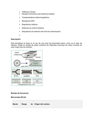•   Teléfonos móviles.
          •   Receptor-transmisor para sistemas wireless.

          •   Transpondedores electromagnéticos.

          •   Receptores GPS.

          •   Dispositivos médicos

          •   Sistemas de control robóticos

          •   Dispositivos de medición del nivel de contaminación.

          •

Descripción

Esta tecnología se basa en el uso de una línea de transmisión plana, como es el caso de
stripline. Posee la ventaja de poder combinar las diferentes funciones de varios circuitos sin
usar ningún tipo de conector.




Bandas de frecuencia:

Microondas EE.UU.



  Banda       Rango       de   Origen del nombre,
 