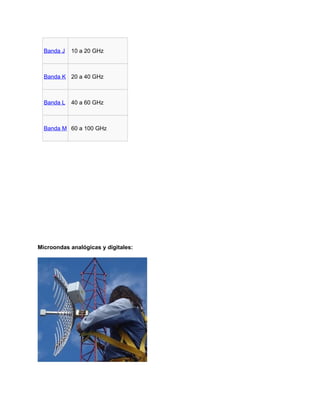 Banda J   10 a 20 GHz



  Banda K 20 a 40 GHz



  Banda L   40 a 60 GHz



  Banda M 60 a 100 GHz




Microondas analógicas y digitales:
 