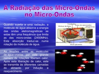 Quando sujeita a uma radiação, a
molécula de água absorve a energia
das ondas eletromagnéticas se
estas têm uma frequência que limita
as das micro-ondas (2450MHz).
Esta absorção traduz-se numa
rotação da molécula de água.
As fricções entre as moléculas
de água criadas por este grande
número de rotações libertam calor.
Após esta liberação de calor, este
se transmite às diferentes camadas
do alimento por indução e
reaquecimento.
 