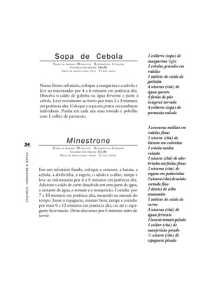 Sopa de Cebola                                        2 colheres (sopa) de
                                                                                           margarina light
                                    TEMPO DE PREPARO : 20 MINUTOS R ENDIMENTO: 4 PORÇÕES
                                                 CALORIAS POR PORÇÃO: 134,00               2 cebolas grandes em
                                          G RAU DE DIFICULDADE: FÁCIL CUSTO: BAIXO         rodelas
                                                                                           1 tablete de caldo de
                                                                                           galinha
                            Numa fôrma refratária, coloque a margarina e a cebola e        4 xícaras (chá) de
                            leve ao microondas por 4 a 6 minutos em potência alta.         água quente
                            Dissolva o caldo de galinha na água fervente e junte à         4 fatias de pão
                            cebola. Leve novamente ao forno por mais 2 a 3 minutos         integral torrado
                            em potência alta. Coloque a sopa em pratos ou cumbucas         4 colheres (sopa) de
                            individuais. Ponha em cada um uma torrada e polvilhe           parmesão ralado
                            com 1 colher de parmesão.

                                                                                           3 cenouras médias em
                                                                                           rodelas finas
                                                                                           1 xícara (chá) de
34
                                              Minestrone                                   batata em cubinhos
                                    TEMPO DE PREPARO : 25 MINUTOS R ENDIMENTO: 6 PORÇÕES   1 cebola média
                                                 CALORIAS POR PORÇÃO: 115,00
                                                                                           ralada
LEGUMES, VERDURAS & SOPAS




                                         G RAU DE DIFICULDADE: MÉDIO CUSTO: MÉDIO
                                                                                           1 xícara (chá) de abo-
                                                                                           brinha em fatias finas
                            Em um refratário fundo, coloque a cenoura, a batata, a         2 xícaras (chá) de
                            cebola, a abobrinha, a vagem, o salsão e o alho; tampe e       vagem em pedacinhos
                            leve ao microondas por 4 a 5 minutos em potência alta.         1 xícara (chá) de salsão
                            Adicione o caldo de carne dissolvido em uma parte da água,     cortado fino
                            o restante da água, o tomate e o manjericão. Cozinhe por       2 dentes de alho
                            7 a 10 minutos em potência alta, mexendo na metade do          amassados
                            tempo. Junte o espaguete, misture bem, tampe e cozinhe         1 tablete de caldo de
                            por mais 9 a 12 minutos em potência alta, ou até o espa-       carne
                            guete ficar macio. Deixe descansar por 5 minutos antes de      3 xícaras (chá) de
                            servir.                                                        água fervente
                                                                                           1 lata de tomate pelado
                                                                                           1 colher (chá) de
                                                                                           manjericão picado
                                                                                           ½ xícara (chá) de
                                                                                           espaguete picado
 
