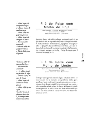 1 colher (sopa) de
margarina light
                              Filé de Peixe com
2 colheres (sopa) de            Molho de Soja
molho de soja                   TEMPO DE PREPARO : 15 MINUTOS R ENDIMENTO: 6 PORÇÕES
                                             CALORIAS POR PORÇÃO: 175,00
1 colher (chá) de                    G RAU DE DIFICULDADE: FÁCIL CUSTO: MÉDIO
páprica picante
1 colher (sopa) de
vinagre de maçã         Em uma fôrma refratária, coloque a margarina e leve ao
1 dente de alho         microondas por 30 segundos em potência alta para derreter.
amassado                À parte, misture o molho de soja, a páprica, o vinagre, o
½ xícara (chá) de       alho e o gengibre. Passe os filés nessa mistura. Coloque-os
gengibre ralado         lado a lado na fôrma e leve ao microondas por 5 a 7 minutos
                        em potência alta para cozinhar. Deixe descansar por 3
6 filés de badejo ou
                        minutos, antes de servir.
linguado




                                                                                       PEIXES
                                                                                       63
½ xícara (chá) de
margarina light
                              Filé de Peixe com
1 dente de alho                Molho de Limão
amassado                        TEMPO DE PREPARO : 12 MINUTOS R ENDIMENTO: 4 PORÇÕES
                                             CALORIAS POR PORÇÃO: 190,00
1 e ½ colher (sopa)                  G RAU DE DIFICULDADE: MÉDIO CUSTO: MÉDIO
de farinha de trigo
2 colheres (sopa) de
suco de limão           Coloque a margarina em uma tigela refratária e leve ao
1 colher (sopa) de      microondas por 2 minutos em potência média para
cebolinha verde         amolecer. Junte os demais ingredientes, exceto o peixe, e
picada                  misture bem. Passe cada filé pela mistura de margarina e
                        vá colocando-os lado a lado na fôrma. Cubra com papel-
1 colher (chá) de sal
                        manteiga e leve ao microondas por 5 a 6 minutos em po-
light
                        tência alta para cozinhar. Deixe descansar por 3 minutos
½ colher (chá) de
                        antes de servir.
pimenta-do-reino
4 filés de pescada
branca ou robalo
 