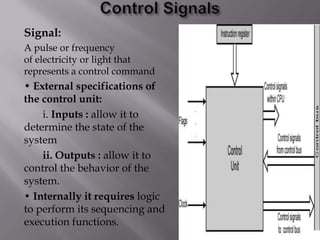 Signal:
A pulse or frequency
of electricity or light that
represents a control command

• External specifications of
the control unit:
i. Inputs : allow it to
determine the state of the
system
ii. Outputs : allow it to
control the behavior of the
system.
• Internally it requires logic
to perform its sequencing and
execution functions.

 