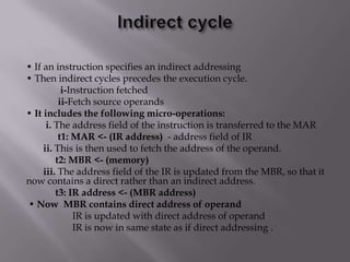 • If an instruction specifies an indirect addressing
• Then indirect cycles precedes the execution cycle.
i-Instruction fetched
ii-Fetch source operands
• It includes the following micro-operations:
i. The address field of the instruction is transferred to the MAR
t1: MAR <- (IR address) - address field of IR
ii. This is then used to fetch the address of the operand.
t2: MBR <- (memory)
iii. The address field of the IR is updated from the MBR, so that it
now contains a direct rather than an indirect address.
t3: IR address <- (MBR address)
• Now MBR contains direct address of operand
IR is updated with direct address of operand
IR is now in same state as if direct addressing .

 