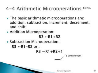  The basic arithmetic microoperations are:
addition, subtraction, increment, decrement,
and shift
 Addition Microoperation:
R3 ←R1+R2
 Subtraction Microoperation:
R3 ←R1-R2 or :
R3 ←R1+R2+1
Computer Organization 24
1’s complement
 
