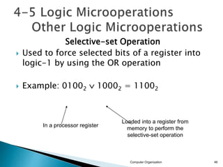 Selective-set Operation
 Used to force selected bits of a register into
logic-1 by using the OR operation
 Example: 01002  10002 = 11002
Computer Organization 46
In a processor register
Loaded into a register from
memory to perform the
selective-set operation
 