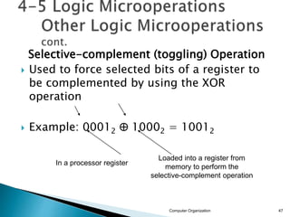 Selective-complement (toggling) Operation
 Used to force selected bits of a register to
be complemented by using the XOR
operation
 Example: 00012  10002 = 10012
Computer Organization 47
In a processor register
Loaded into a register from
memory to perform the
selective-complement operation
 