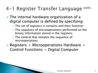  The internal hardware organization of a
digital computer is defined by specifying:
 The set of registers it contains and their function
 The sequence of microoperations performed on the
binary information stored in the registers
 The control that initiates the sequence of
microoperations
 Registers + Microoperations Hardware +
Control Functions = Digital Computer
Computer Organization 5
 