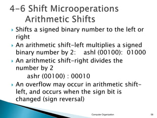  Shifts a signed binary number to the left or
right
 An arithmetic shift-left multiplies a signed
binary number by 2: ashl (00100): 01000
 An arithmetic shift-right divides the
number by 2
ashr (00100) : 00010
 An overflow may occur in arithmetic shift-
left, and occurs when the sign bit is
changed (sign reversal)
Computer Organization 58
 