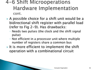  A possible choice for a shift unit would be a
bidirectional shift register with parallel load
(refer to Fig 2-9). Has drawbacks:
◦ Needs two pulses (the clock and the shift signal
pulse)
◦ Not efficient in a processor unit where multiple
number of registers share a common bus
 It is more efficient to implement the shift
operation with a combinational circuit
Computer Organization 62
 