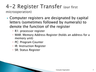  Computer registers are designated by capital
letters (sometimes followed by numerals) to
denote the function of the register
 R1: processor register
 MAR: Memory Address Register (holds an address for a
memory unit)
 PC: Program Counter
 IR: Instruction Register
 SR: Status Register
Computer Organization 7
 