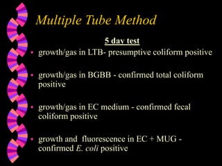 Multiple Tube Method
5 day test
 growth/gas in LTB- presumptive coliform positive
 growth/gas in BGBB - confirmed total coliform
positive
 growth/gas in EC medium - confirmed fecal
coliform positive
 growth and fluorescence in EC + MUG -
confirmed E. coli positive
 