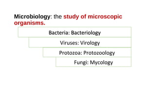 Microbiology: the study of microscopic
organisms.
Bacteria: BacteriologyBacteria: Bacteriology
Viruses: Virology
Fungi: Mycology
Protozoa: Protozoology
 