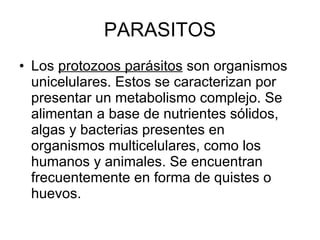 PARASITOS Los  protozoos parásitos  son organismos unicelulares. Estos se caracterizan por presentar un metabolismo complejo. Se alimentan a base de nutrientes sólidos, algas y bacterias presentes en organismos multicelulares, como los humanos y animales. Se encuentran frecuentemente en forma de quistes o huevos.  