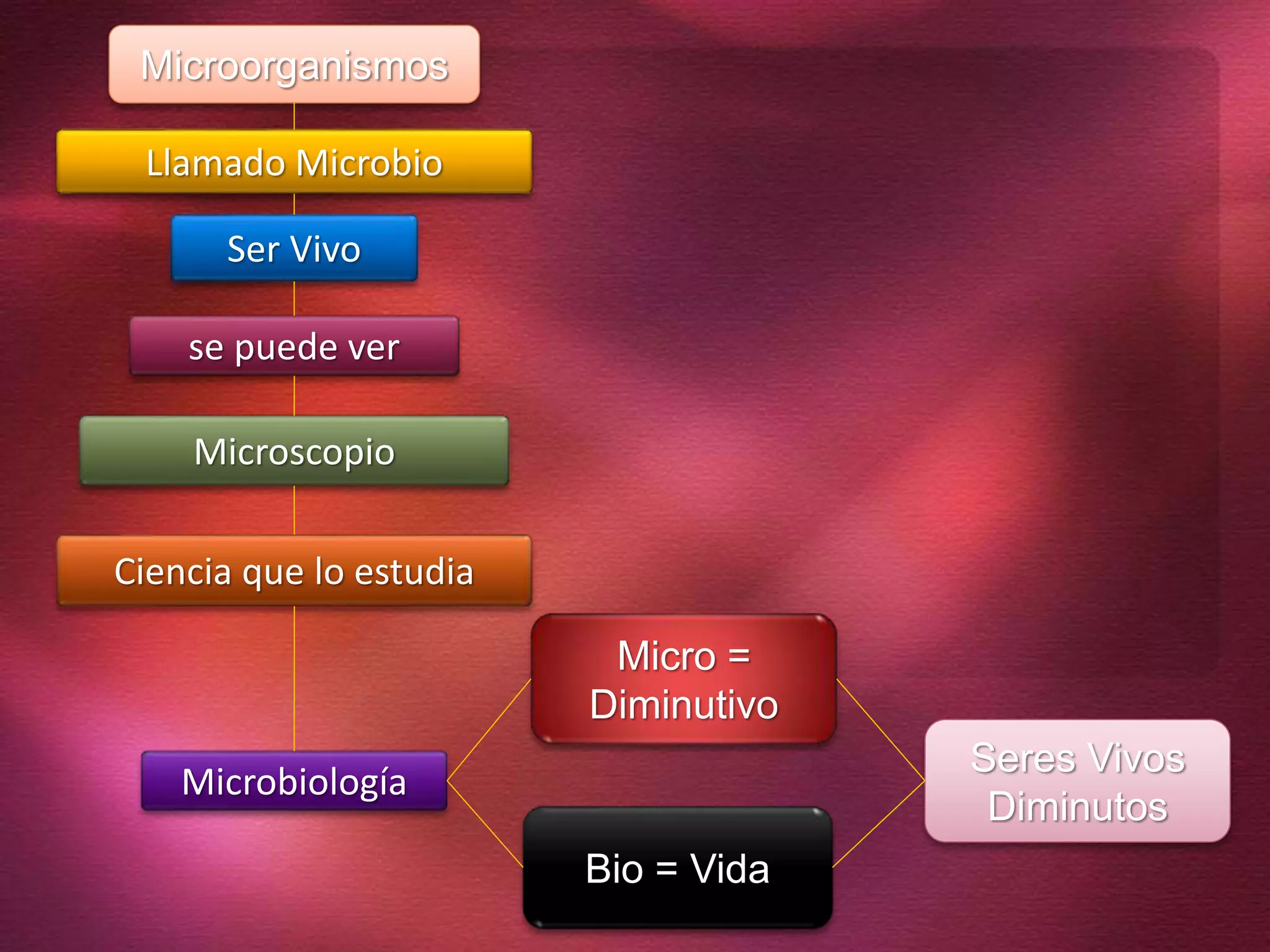 se puede ver
Ser Vivo
Llamado Microbio
Microbiología
Ciencia que lo estudia
Microscopio
Micro =
Diminutivo
Bio = Vida
Microorganismos
Seres Vivos
Diminutos
 