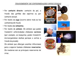 • Por contacto directo: contacto da pel, a
través das gotiñas dos espirros ou por
contacto sexual.
• Por medio da auga (ocorre sobre todo se hai
contaminación fecal).
• Por medio dos alimentos.
• Por medio de animais. Os animais que poden
transmitir enfermidades chámanse vectores
(por exemplo, os mosquitos, poden transmitir
microorganismos dunhas persoas a outras a
través da picada).
Os animais que albergan axentes infecciosos
para a especie humana chámanse reservorios.
Os roedores son os principais reservorios de
virus.
TRANSMISIÓN DE ENFERMIDADES INFECCIOSAS
 