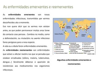 As enfermidades emerxentes son novas
enfermidades infecciosas, transmitidas por xermes
descoñecidos ata o momento.
Eso non quere dicir que os xermes non existan
antes, xa que poden permanecer moitos anos lonxe
do contacto coas persoas . Cambios no medio, como
a deforestación, ou mutacións no axente infeccioso
fanos perigosos para a nosa especie.
A sida ou o ébola foron enfermidades emerxentes.
As enfermidades reemerxentes son enfermidades
que volven a afectar rexións nas que se pensaba que
estaban erradicadas (cólera, malaria, tuberculose,
dengue…) Xeralmente débense á aparición de
resistencias aos medicamentos nos organismos
infecciosos.
As enfermidades emerxentes e reemerxentes
Algunhas enfermidades emerxentes e
reemerxentes
 