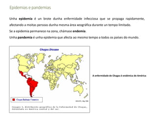 Unha epidemia é un brote dunha enfermidade infecciosa que se propaga rapidamente,
afectando a moitas persoas dunha mesma área xeográfica durante un tempo limitado.
Se a epidemia permanece na zona, chámase endemia.
Unha pandemia é unha epidemia que afecta ao mesmo tempo a todos os países do mundo.
Epidemias e pandemias
A enfermidade de Chagas é endémica de América
 