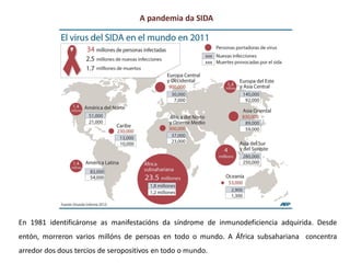 En 1981 identificáronse as manifestacións da síndrome de inmunodeficiencia adquirida. Desde
entón, morreron varios millóns de persoas en todo o mundo. A África subsahariana concentra
arredor dos dous tercios de seropositivos en todo o mundo.
A pandemia da SIDA
 