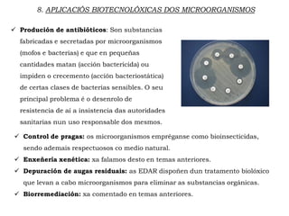 8. APLICACIÓS BIOTECNOLÓXICAS DOS MICROORGANISMOS
 Produción de antibióticos: Son substancias
fabricadas e secretadas por microorganismos
(mofos e bacterias) e que en pequeñas
cantidades matan (acción bactericida) ou
impiden o crecemento (acción bacteriostática)
de certas clases de bacterias sensibles. O seu
principal problema é o desenrolo de
resistencia de aí a insistencia das autoridades
sanitarias nun uso responsable dos mesmos.
 Control de pragas: os microorganismos empréganse como bioinsecticidas,
sendo ademais respectuosos co medio natural.
 Enxeñería xenética: xa falamos desto en temas anteriores.
 Depuración de augas residuais: as EDAR dispoñen dun tratamento biolóxico
que levan a cabo microorganismos para eliminar as substancias orgánicas.
 Biorremediación: xa comentado en temas anteriores.
 