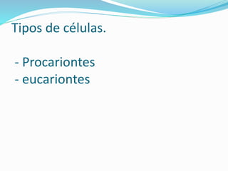 Tipos de células.
- Procariontes
- eucariontes
 