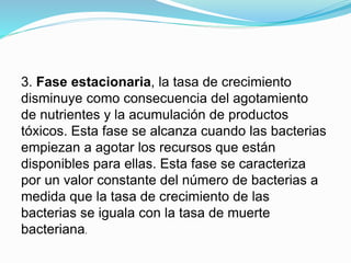 3. Fase estacionaria, la tasa de crecimiento
disminuye como consecuencia del agotamiento
de nutrientes y la acumulación de productos
tóxicos. Esta fase se alcanza cuando las bacterias
empiezan a agotar los recursos que están
disponibles para ellas. Esta fase se caracteriza
por un valor constante del número de bacterias a
medida que la tasa de crecimiento de las
bacterias se iguala con la tasa de muerte
bacteriana.
 