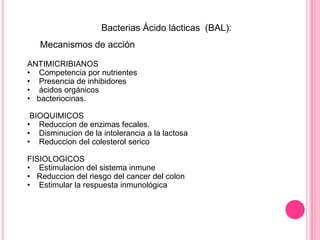 Bacterias Ácido lácticas (BAL):
Mecanismos de acción
ANTIMICRIBIANOS
• Competencia por nutrientes
• Presencia de inhibidores
• ácidos orgánicos
• bacteriocinas.
BIOQUIMICOS
• Reduccion de enzimas fecales.
• Disminucion de la intolerancia a la lactosa
• Reduccion del colesterol serico
FISIOLOGICOS
• Estimulacion del sistema inmune
• Reduccion del riesgo del cancer del colon
• Estimular la respuesta inmunológica
 