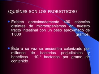 ¿QUIÉNES SON LOS PROBIOTICOS?   Existen aproximadamente  400 especies distintas de microorganismos en nuestro tracto intestinal con un peso aproximado de 1.600   gramos. Éste a su vez se encuentra colonizado por millones de bacterias perjudiciales y benéficas   10 11  bacterias por gramo de contenido 