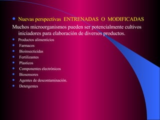 Nuevas perspectivas  ENTRENADAS  O  MODIFICADAS Muchos microorganismos pueden ser potencialmente cultivos iniciadores para elaboración de diversos productos. Productos alimenticios Farmacos Bioinsecticidas Fertilizantes Plasticos Componentes electrónicos Biosensores Agentes de descontaminación. Detergentes 