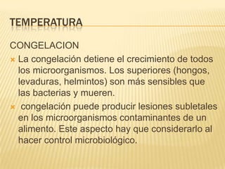 TEMPERATURA
CONGELACION
 La congelación detiene el crecimiento de todos
los microorganismos. Los superiores (hongos,
levaduras, helmintos) son más sensibles que
las bacterias y mueren.
 congelación puede producir lesiones subletales
en los microorganismos contaminantes de un
alimento. Este aspecto hay que considerarlo al
hacer control microbiológico.

 