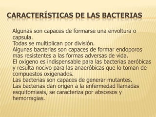 CARACTERÍSTICAS DE LAS BACTERIAS
Algunas son capaces de formarse una envoltura o
capsula.
Todas se multiplican por división.
Algunas bacterias son capaces de formar endoporos
mas resistentes a las formas adversas de vida.
El oxigeno es indispensable para las bacterias aeróbicas
y resulta nocivo para las anaeróbicas que lo toman de
compuestos oxigenados.
Las bacterias son capaces de generar mutantes.
Las bacterias dan origen a la enfermedad llamadas
esquitomiasis, se caracteriza por abscesos y
hemorragias.

 