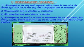 1) MICROORGANISMS (MICROBES) :-
i) Microorganisms are very small organisms which cannot be seen with the
unaided eye. They can be seen only with a magnifying glass or microscope.
ii) Microorganisms may be unicellular or multicellular.
iii) Microorganisms may exist alone or in colonies.
iv) Microorganisms are found in all kinds of environment like ice cold climate, hot
springs, deserts, marshy lands etc. They are also found inside the bodies of other
organisms.
 