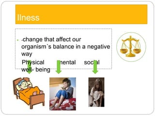 Ilness 
 -change that affect our 
organism´s balance in a negative 
way 
Physical mental social 
well- being 
 