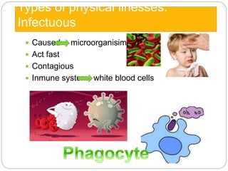 Types of physical ilnesses: 
Infectuous 
 Caused microorganisims 
 Act fast 
 Contagious 
 Inmune system white blood cells 
 