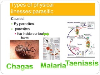 Types of physical 
ilnesses:parasitic 
Caused: 
 By parasites 
 parasites 
 live inside our body 
harm 
 