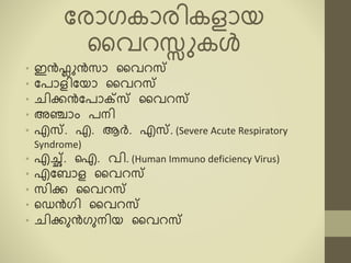 കരോഗരോരിരളോയ
മവറസ്സുരൾ
• ഇൻഫ്ലുൻസോ മവറസ
• കപോളികയോ മവറസ
• ചിക്കൻകപോക്റ്സ മവറസ
• അഞ്ോം പനി
• എസ. എ. ആർ. എസ. (Severe Acute Respiratory
Syndrome)
• എച്ഛ്. ഐ. വി. (Human Immuno deficiency Virus)
• എകബോള മവറസ
• സിക്ക മവറസ
• ടെൻഗി മവറസ
• ചിക്കുൻഗുനിയ മവറസ
 