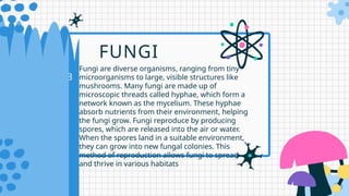 03
Fungi are diverse organisms, ranging from tiny
microorganisms to large, visible structures like
mushrooms. Many fungi are made up of
microscopic threads called hyphae, which form a
network known as the mycelium. These hyphae
absorb nutrients from their environment, helping
the fungi grow. Fungi reproduce by producing
spores, which are released into the air or water.
When the spores land in a suitable environment,
they can grow into new fungal colonies. This
method of reproduction allows fungi to spread
and thrive in various habitats
FUNGI
 