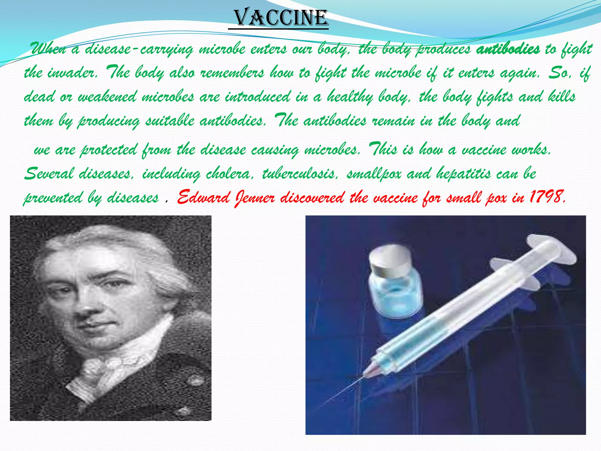 Vaccine
 When a disease-carrying microbe enters our body, the body produces antibodies to fight
the invader. The body also remembers how to fight the microbe if it enters again. So, if
dead or weakened microbes are introduced in a healthy body, the body fights and kills
them by producing suitable antibodies. The antibodies remain in the body and
  we are protected from the disease causing microbes. This is how a vaccine works.
Several diseases, including cholera, tuberculosis, smallpox and hepatitis can be
prevented by diseases . Edward Jenner discovered the vaccine for small pox in 1798.
 
