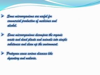  Some microorganisms are useful for
  commercial production of medicines and
  alcohol.

 Some microorganisms decompose the organic
  waste and dead plants and animals into simple
  substances and clean up the environment.

 Protozoan cause serious diseases like
  dysentery and malaria.
 