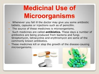  Whenever you fall ill the doctor may give you some antibiotic
tablets, capsules or injections such as of penicillin.
 The source of these medicines is microorganisms.
 Such medicines are called antibiotics. These days a number of
antibiotics are being produced from bacteria and fungi.
Streptomycin, tetracycline and erythromycin are some of the
commonly known antibiotics.
 These medicines kill or stop the growth of the disease-causing
microorganisms.
 