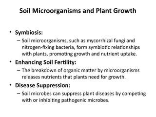 Soil Microorganisms and Plant Growth
• Symbiosis:
– Soil microorganisms, such as mycorrhizal fungi and
nitrogen-fixing bacteria, form symbiotic relationships
with plants, promoting growth and nutrient uptake.
• Enhancing Soil Fertility:
– The breakdown of organic matter by microorganisms
releases nutrients that plants need for growth.
• Disease Suppression:
– Soil microbes can suppress plant diseases by competing
with or inhibiting pathogenic microbes.
 