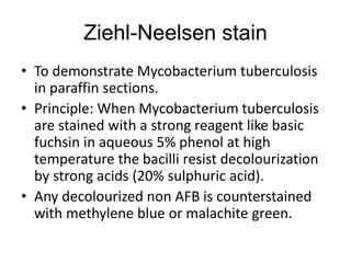 Ziehl-Neelsen stain
• To demonstrate Mycobacterium tuberculosis
in paraffin sections.
• Principle: When Mycobacterium tuberculosis
are stained with a strong reagent like basic
fuchsin in aqueous 5% phenol at high
temperature the bacilli resist decolourization
by strong acids (20% sulphuric acid).
• Any decolourized non AFB is counterstained
with methylene blue or malachite green.
 