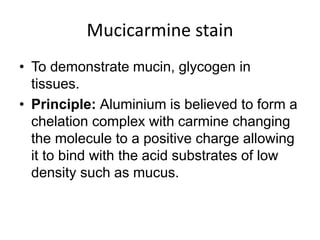 Mucicarmine stain
• To demonstrate mucin, glycogen in
tissues.
• Principle: Aluminium is believed to form a
chelation complex with carmine changing
the molecule to a positive charge allowing
it to bind with the acid substrates of low
density such as mucus.
 
