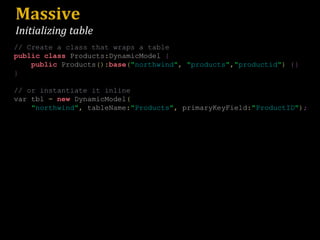 Massive Initializing table // Create a class that wraps a table public   class  Products : DynamicModel  { public  Products (): base ( " northwind " ,   " products " , " productid " )   {} } // or instantiate it inline var tbl  =   new  DynamicModel ( " northwind " ,  tableName : " Products " ,  primaryKeyField : " ProductID " ) ; 