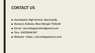 CONTACT US
■ Aswinipally High School, Aswinipally,
■ Barasat, Kolkata, West Bengal 700124
■ Email : sacoolingsolution@gmail.com
■ Tele : 9432664347
■ Website : https://sacoolingsolution.com
 