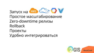 Запуск на
Простое масштабирование
Zero-downtime релизы
Rollback
Проекты
Удобно интегрироваться
 