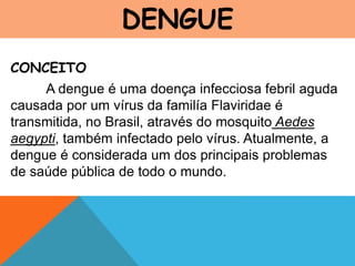 DENGUE
CONCEITO
A dengue é uma doença infecciosa febril aguda
causada por um vírus da familía Flaviridae é
transmitida, no Brasil, através do mosquito Aedes
aegypti, também infectado pelo vírus. Atualmente, a
dengue é considerada um dos principais problemas
de saúde pública de todo o mundo.
 