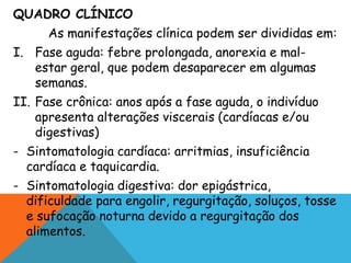 QUADRO CLÍNICO
As manifestações clínica podem ser divididas em:
I. Fase aguda: febre prolongada, anorexia e mal-
estar geral, que podem desaparecer em algumas
semanas.
II. Fase crônica: anos após a fase aguda, o indivíduo
apresenta alterações viscerais (cardíacas e/ou
digestivas)
- Sintomatologia cardíaca: arritmias, insuficiência
cardíaca e taquicardia.
- Sintomatologia digestiva: dor epigástrica,
dificuldade para engolir, regurgitação, soluços, tosse
e sufocação noturna devido a regurgitação dos
alimentos.
 