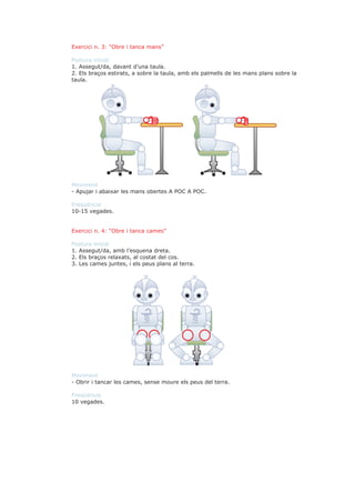 Exercici n. 3: “Obre i tanca mans”

Postura inicial
1. Assegut/da, davant d’una taula.
2. Els braços estirats, a sobre la taula, amb els palmells de les mans plans sobre la
taula.




Moviment
- Apujar i abaixar les mans obertes A POC A POC.

Freqüència
10-15 vegades.


Exercici n. 4: “Obre i tanca cames”

Postura inicial
1. Assegut/da, amb l’esquena dreta.
2. Els braços relaxats, al costat del cos.
3. Les cames juntes, i els peus plans al terra.




Moviment
- Obrir i tancar les cames, sense moure els peus del terra.

Freqüència
10 vegades.
 